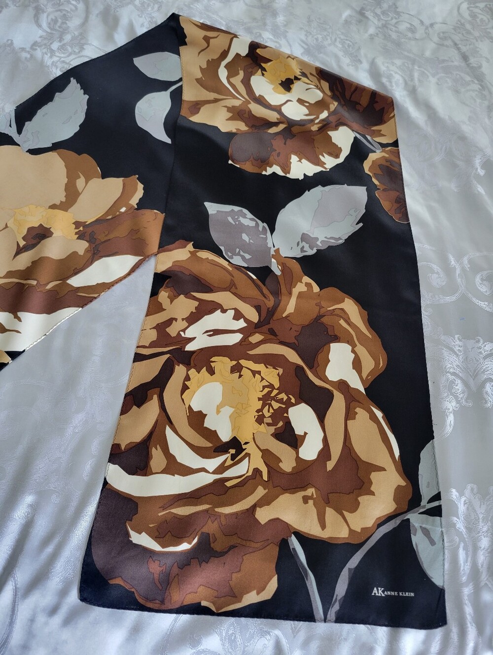 Vintage ,Anne Klein Black Silk   Scarf with Brown,Tan & Cream Floral Print 62X13